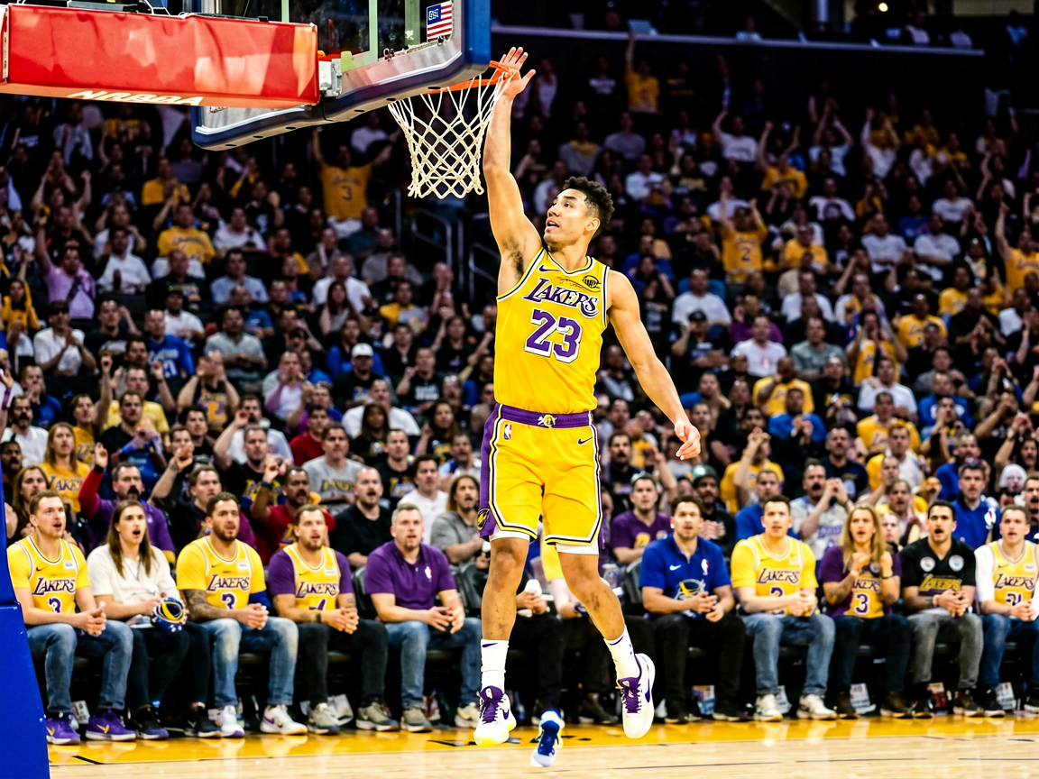 NBA比赛中球员突破上篮，观众席气氛热烈